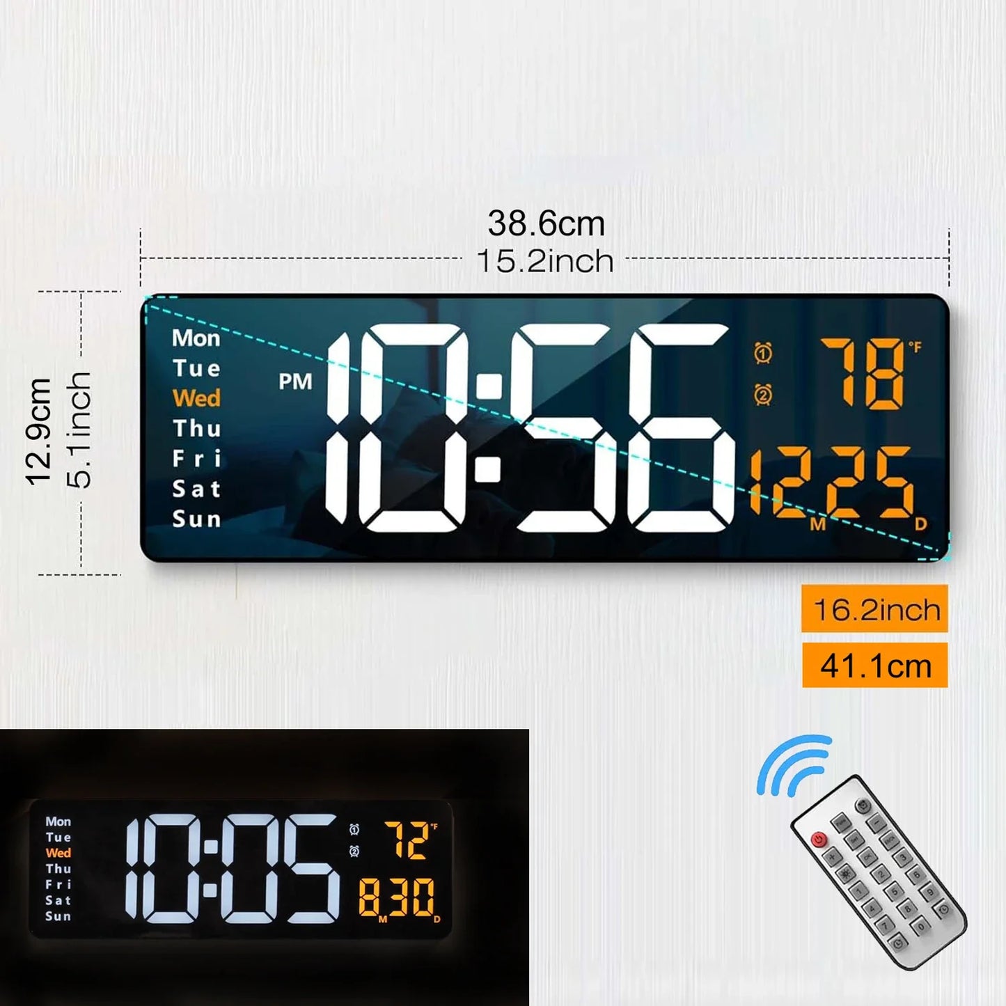 (Copy) 16.2'' Large Digital Wall Clock with Remote Control Big LED/Dual Alarm/8 RGB Colors Digital Alarm Clock Electronic Watch