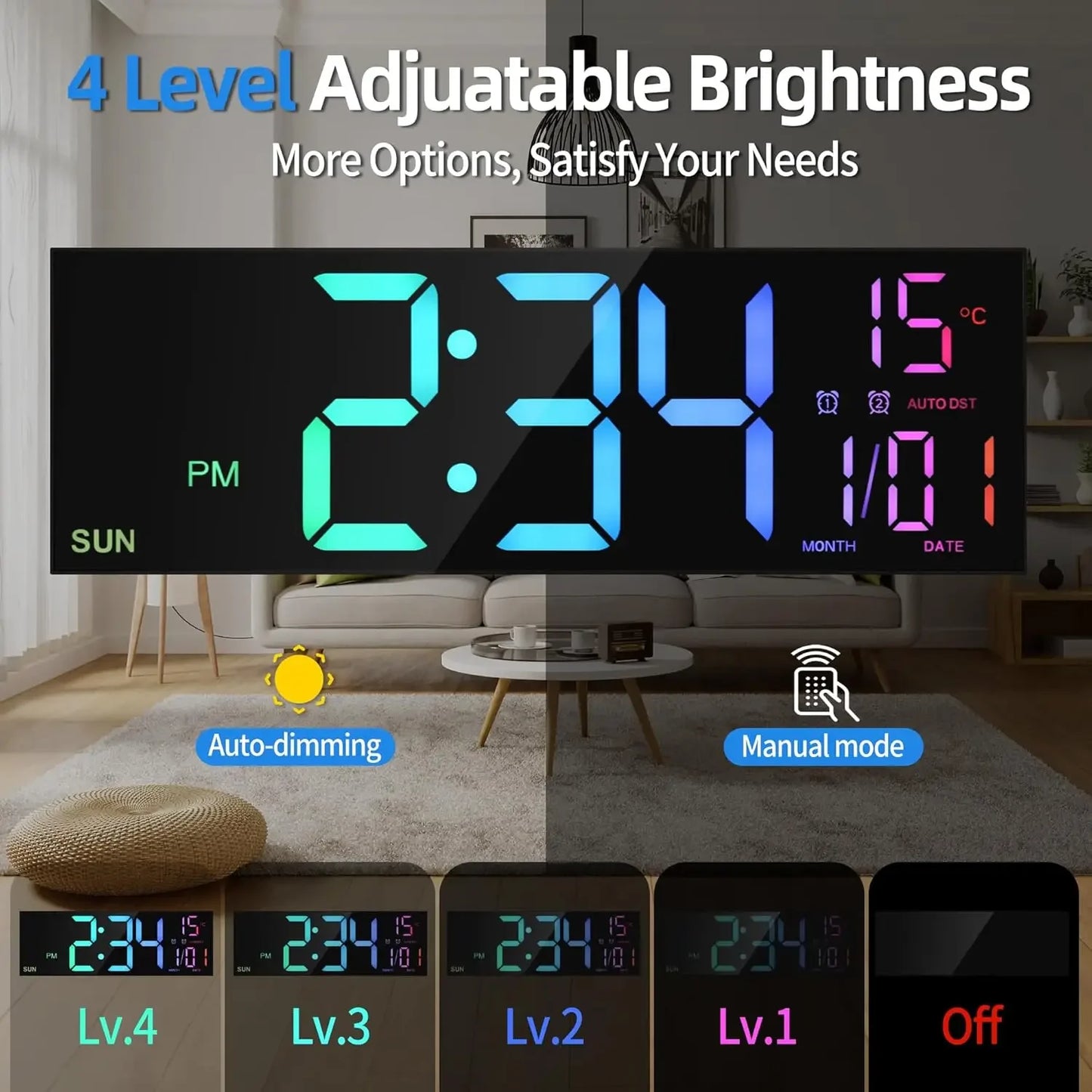 (Copy) 16.2'' Large Digital Wall Clock with Remote Control Big LED/Dual Alarm/8 RGB Colors Digital Alarm Clock Electronic Watch