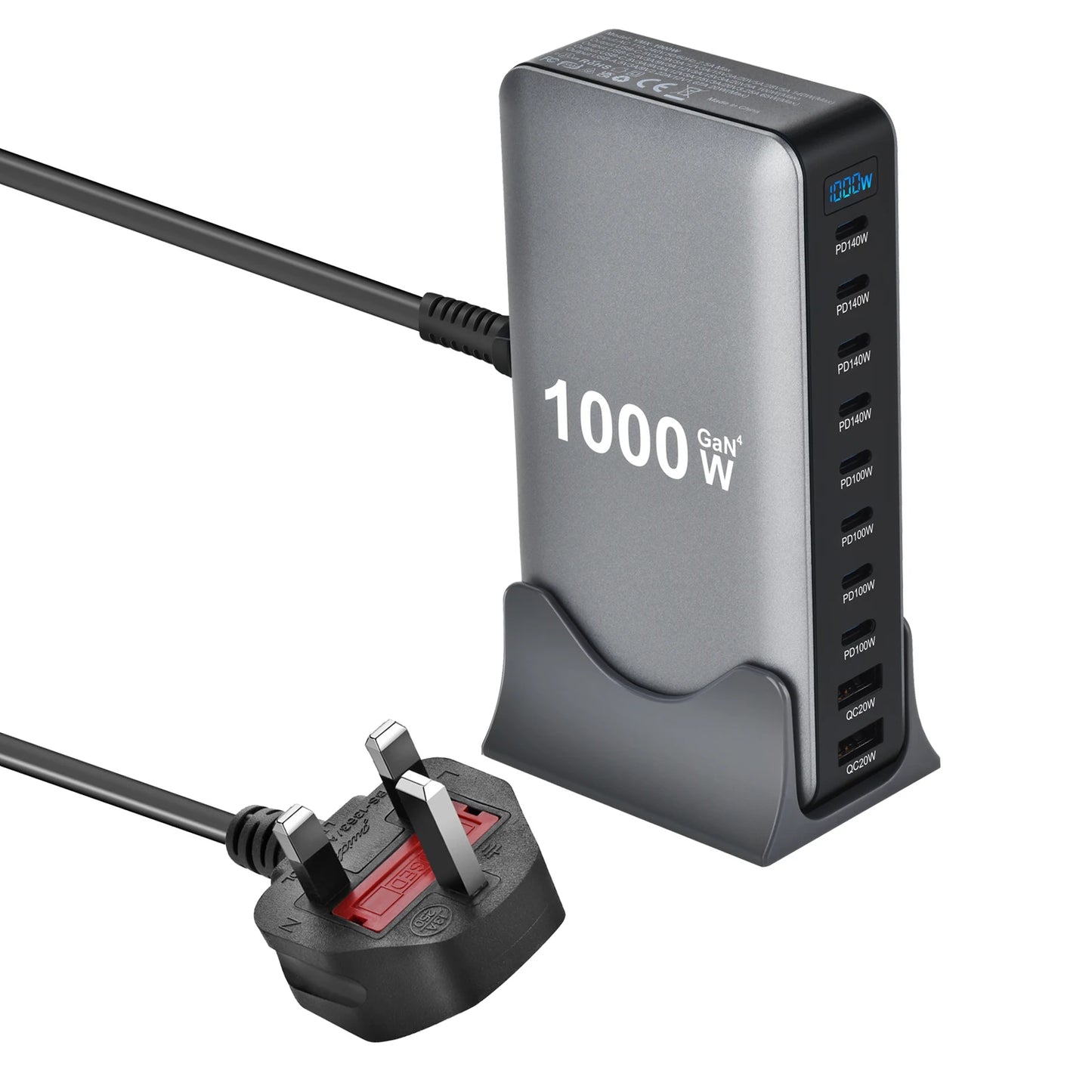 1000W 10-Port GaN Desktop Adapter 140W PD Fast Charging for MacBook Pro Laptop, 100W for Phone Tablet, Multi Port USB Hub Statio