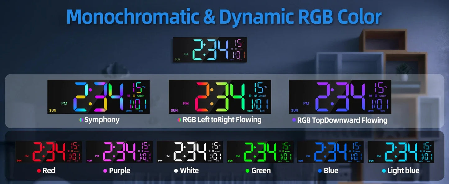 (Copy) 16.2'' Large Digital Wall Clock with Remote Control Big LED/Dual Alarm/8 RGB Colors Digital Alarm Clock Electronic Watch