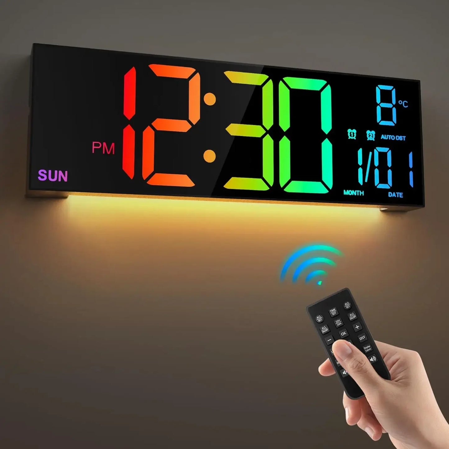 (Copy) 16.2'' Large Digital Wall Clock with Remote Control Big LED/Dual Alarm/8 RGB Colors Digital Alarm Clock Electronic Watch