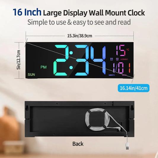 (Copy) 16.2'' Large Digital Wall Clock with Remote Control Big LED/Dual Alarm/8 RGB Colors Digital Alarm Clock Electronic Watch
