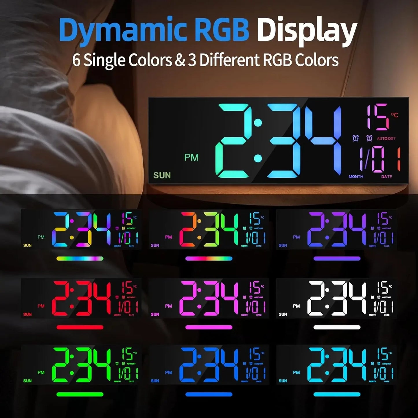 (Copy) 16.2'' Large Digital Wall Clock with Remote Control Big LED/Dual Alarm/8 RGB Colors Digital Alarm Clock Electronic Watch