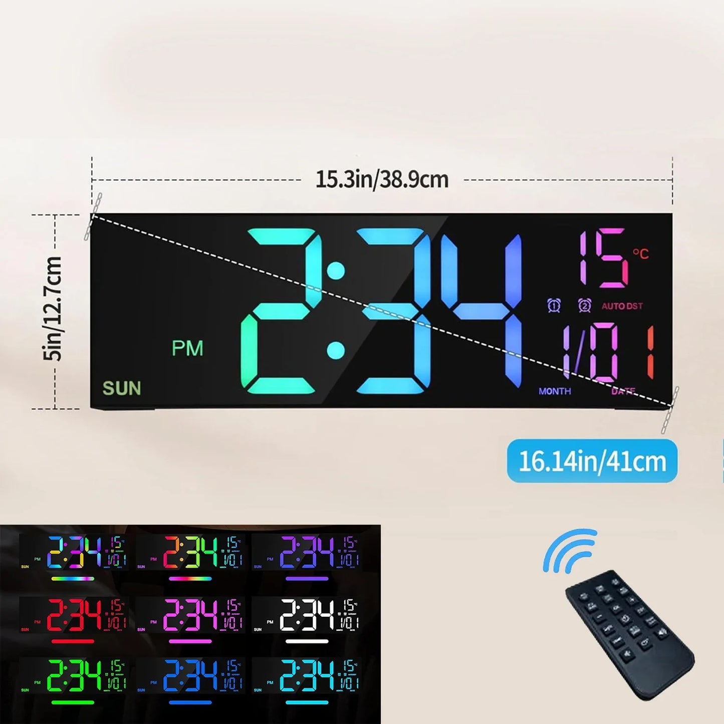 (Copy) 16.2'' Large Digital Wall Clock with Remote Control Big LED/Dual Alarm/8 RGB Colors Digital Alarm Clock Electronic Watch